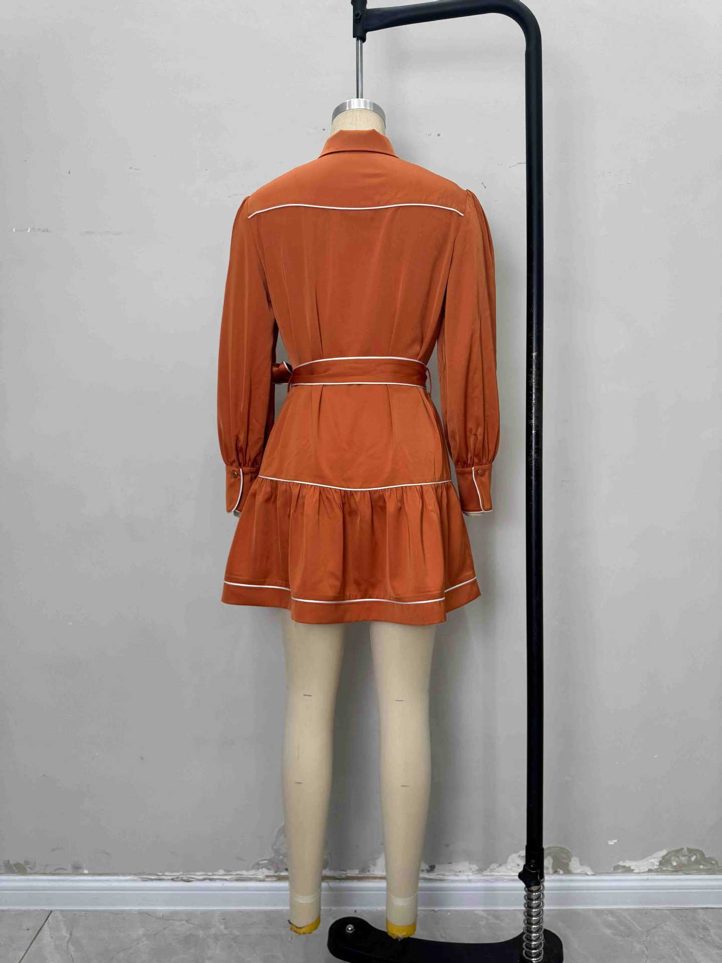 Trendy Brown Contrast Belted Satin Shirt Dress 5