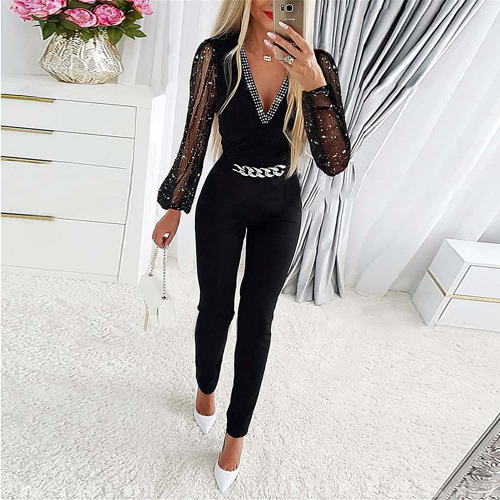 Autumn Women's Solid Color V-Neck Long Sleeve Beaded High Waist Casual Jumpsuit 4