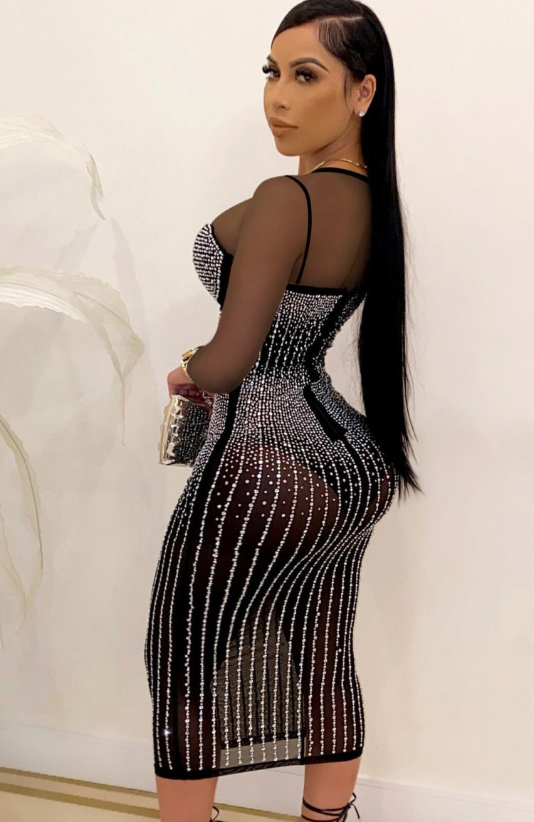 Autumn Sexy White Beaded Long Sleeve See Through Club Dress