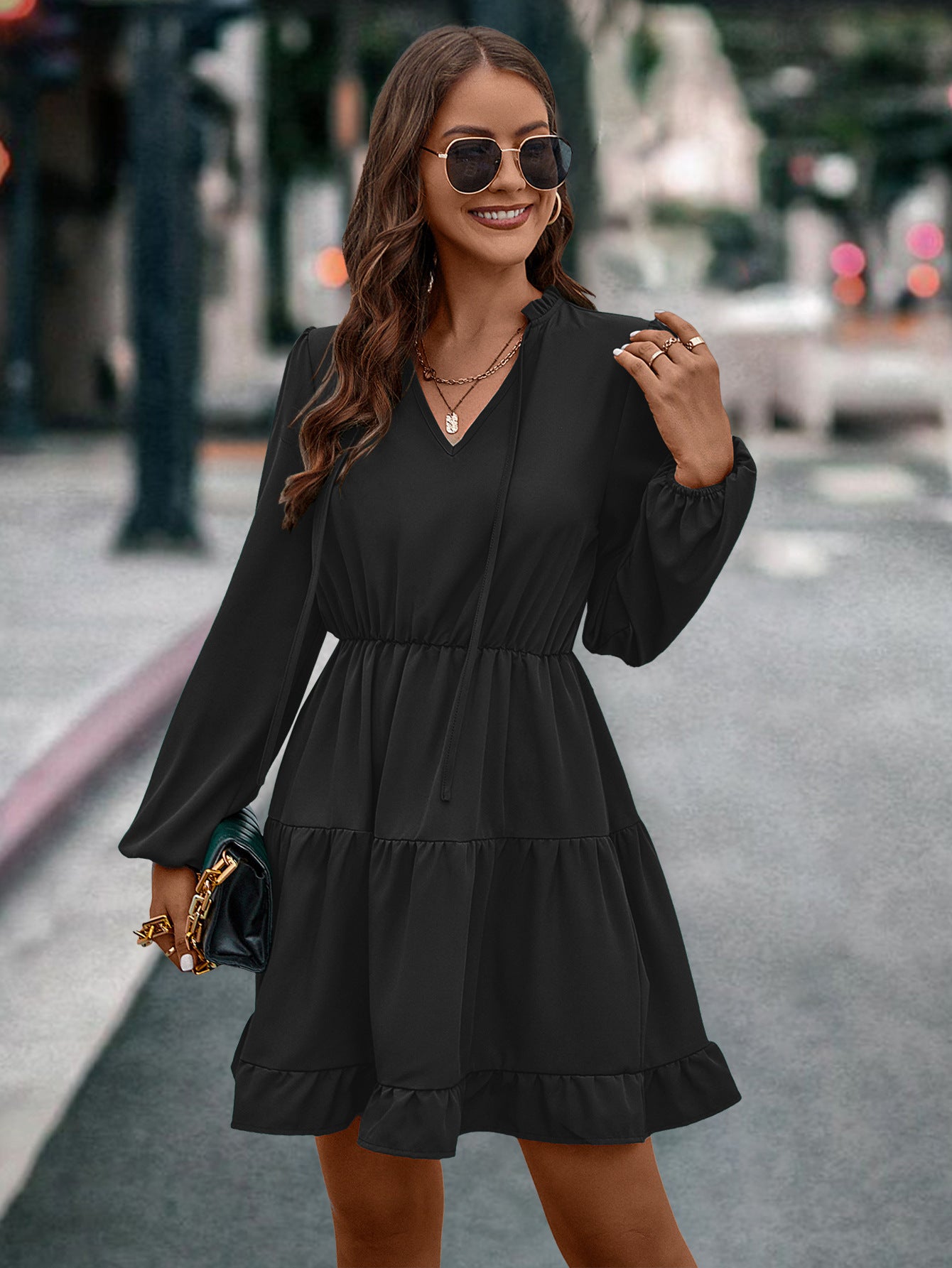Autumn And Winter Women's  V-Neck Lace-Up Long-Sleeved Dress