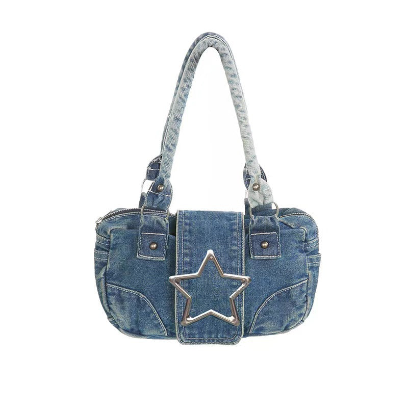 Women retro metal five-pointed star Denim handbag 6