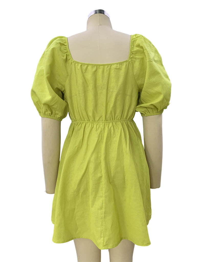 Spring Women's Fashion Square Neck Puff Sleeve Linen Dress 4