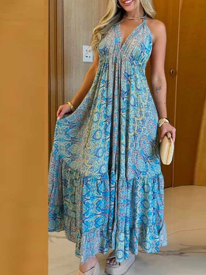 Women summer suspender v-neck print sexy dress 4