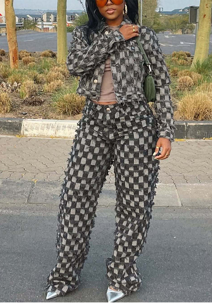 Women Winter Casual Jacquard Plaid Washed Denim Top and Pant Two-Piece Set