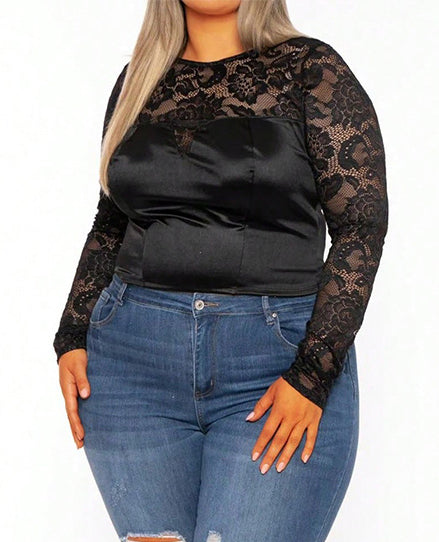 Elegant Lace Patchwork Long Sleeve Slim Top Outdoor Wear