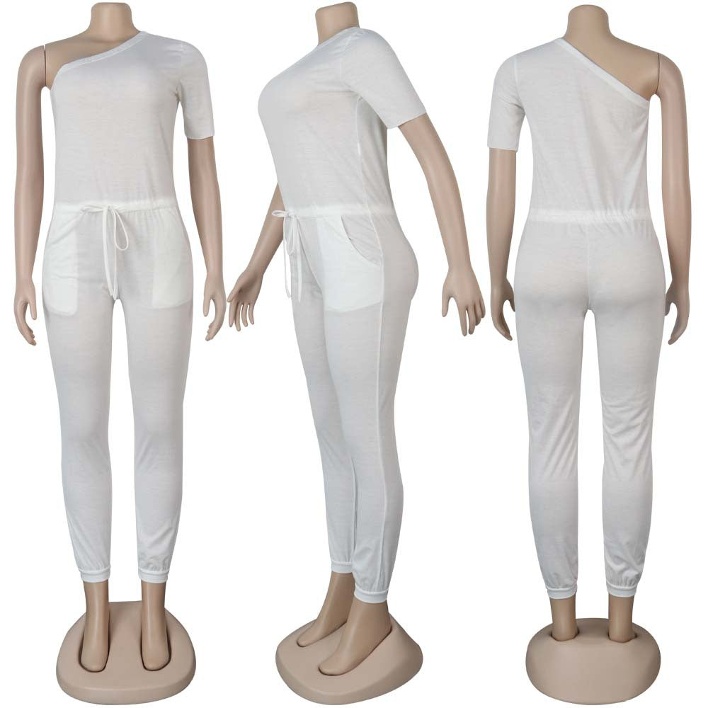 Sexy Women's Slash Shoulder Half Sleeve Solid Color Slim Fit Women's Sports Jumpsuit 22