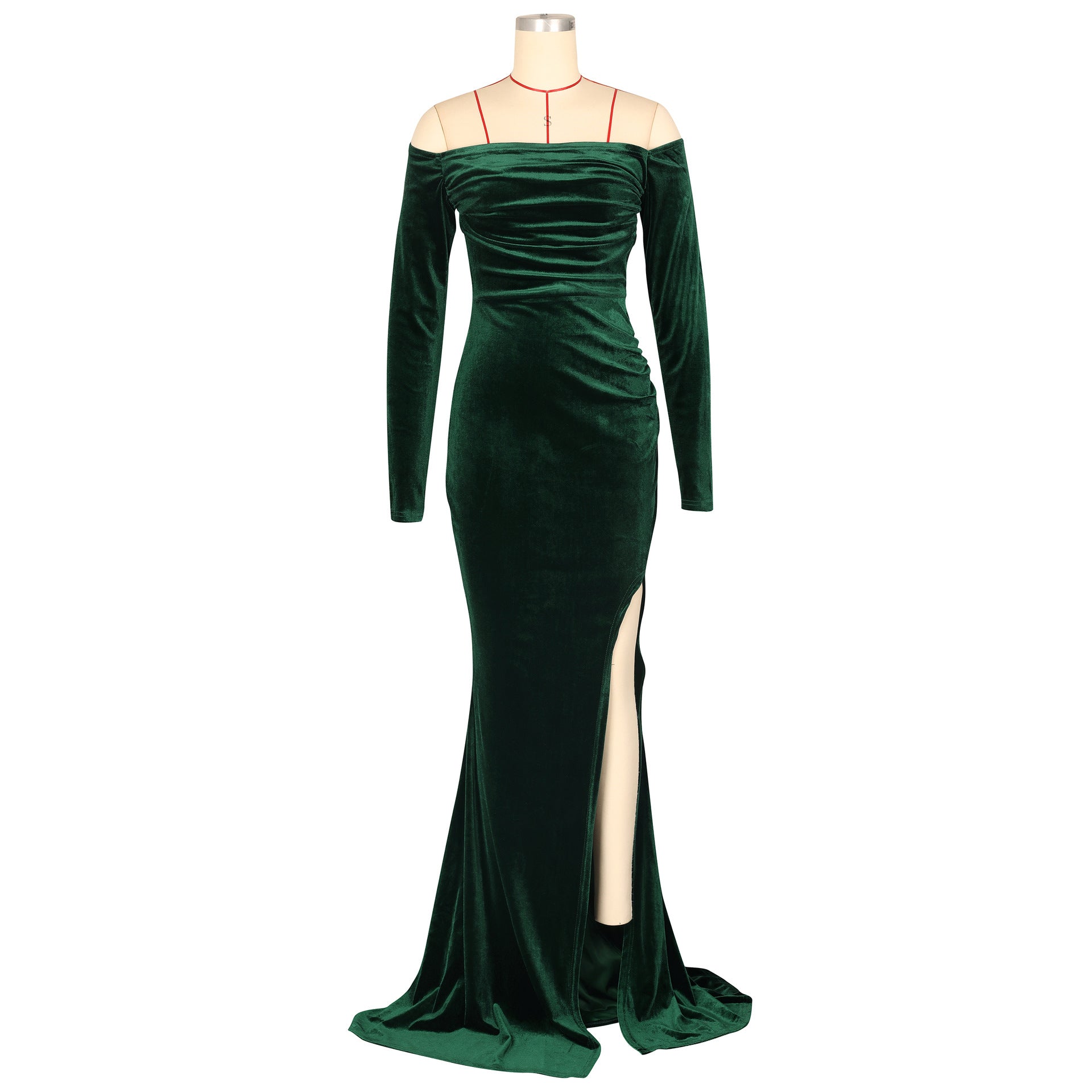 Women's Sexy Solid Color Off Shoulder Long Sleeve Slit Velvet Party Dress 13