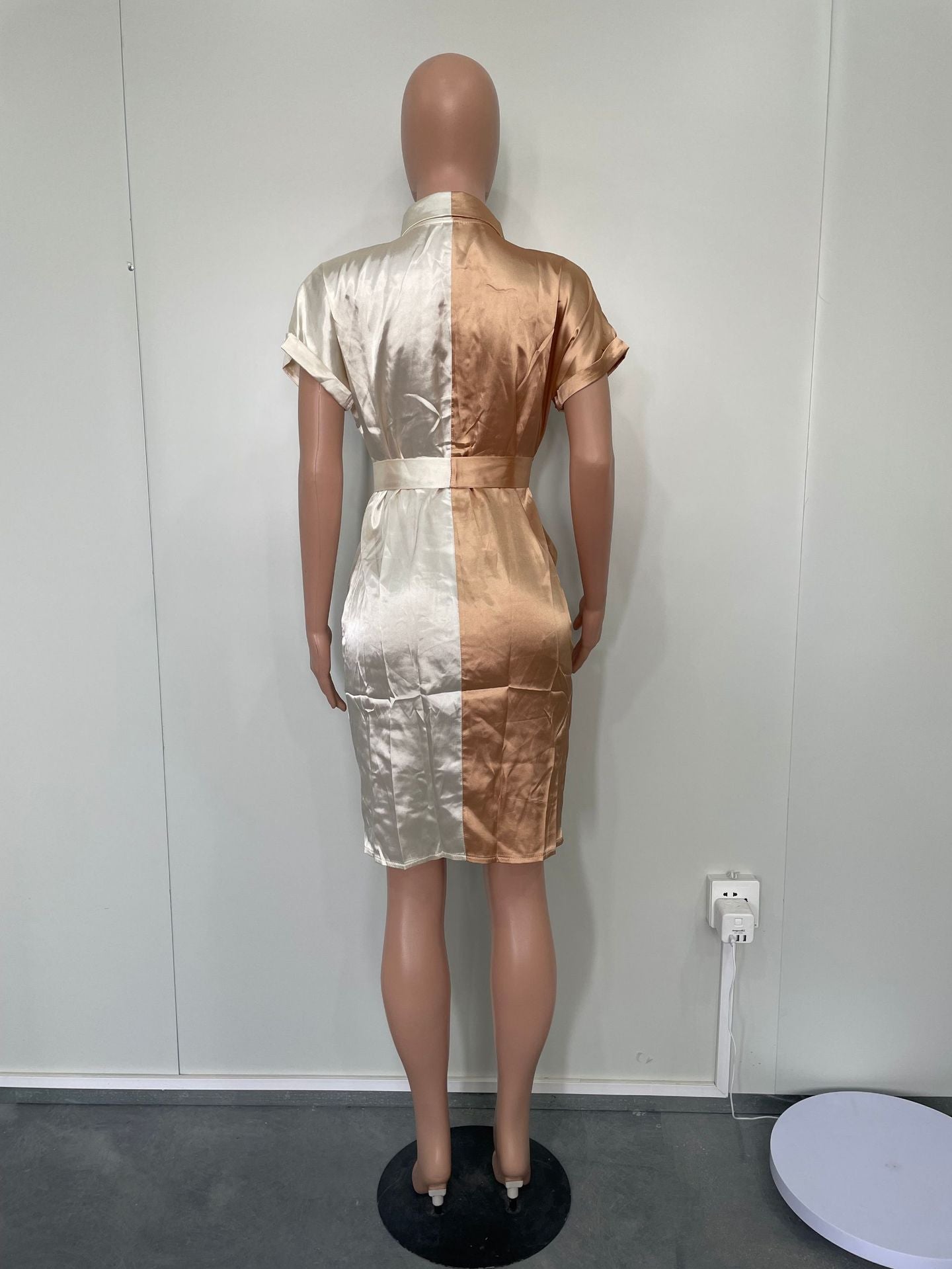 Sexy Women's Belted Pleated Satin Short Sleeve Button Button Contrasting Color Blouse Dress 17