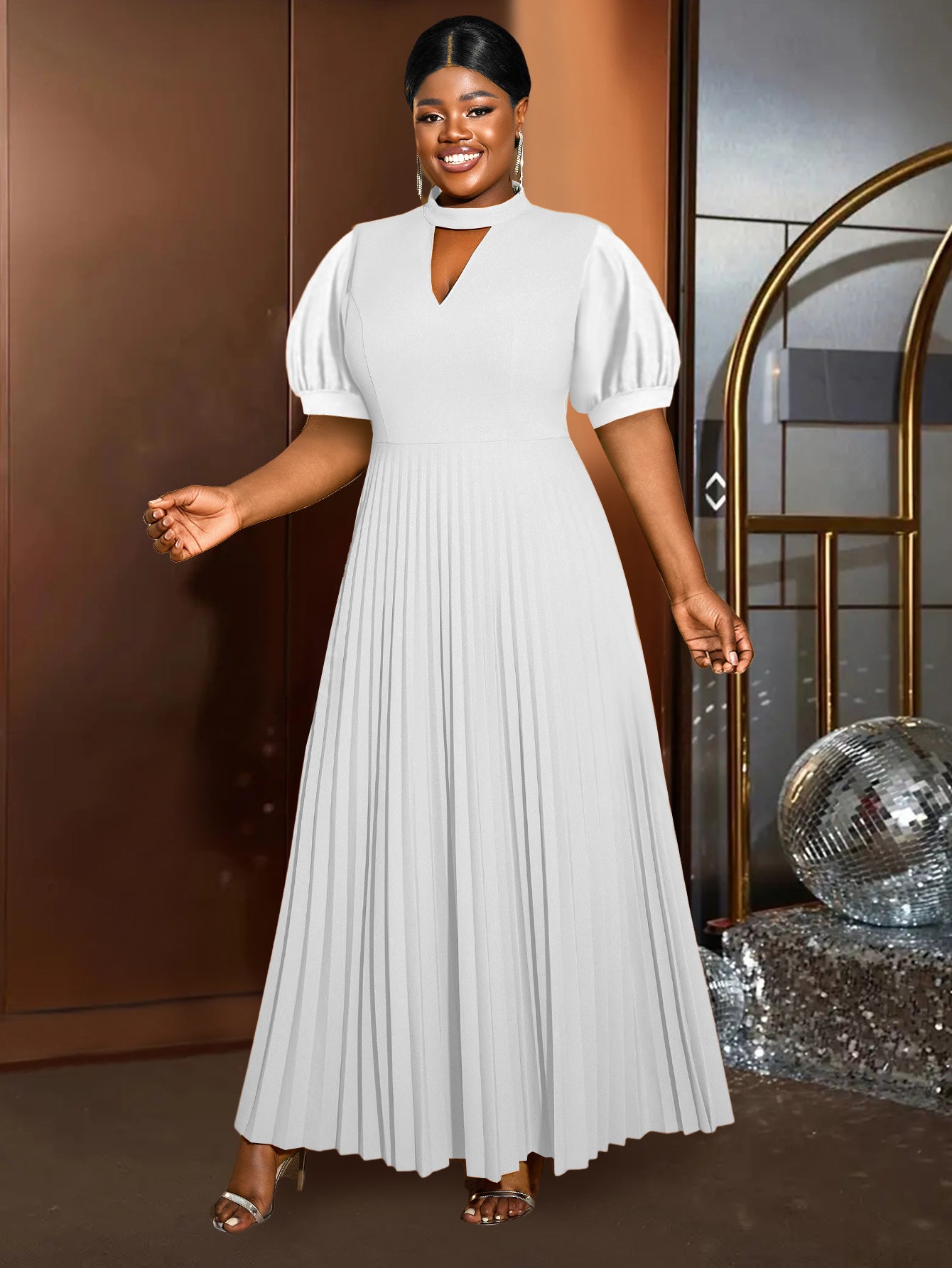 Plus-Size Women Half-Tall Neck Hollow Puff Short-Sleeved Party Pleated Dress