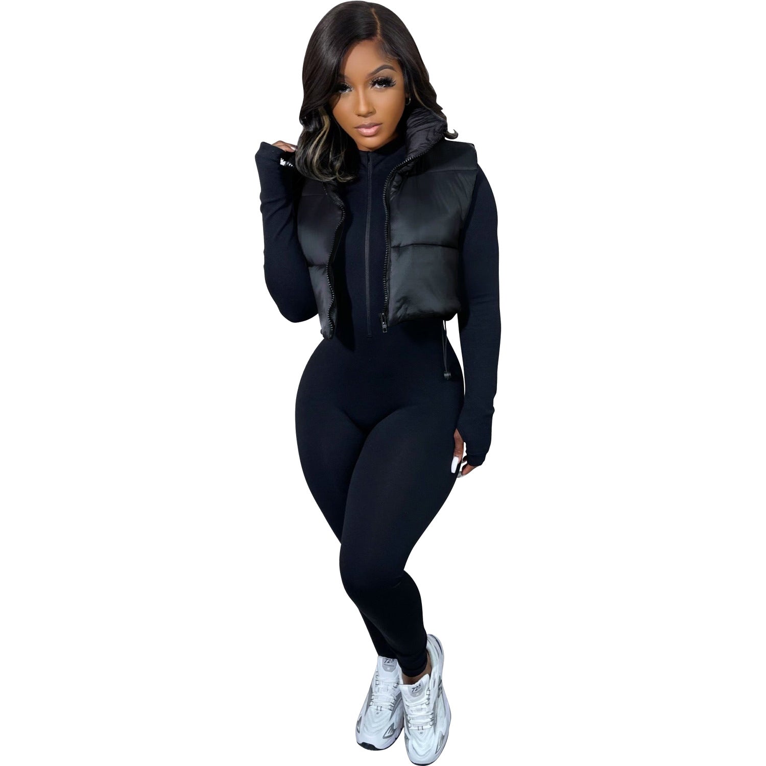 Women Solid Turn Down Collar Padded Vest 3