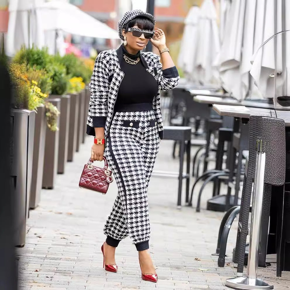 Women Casual long-sleeved Top and Pant houndstooth two-piece set 4