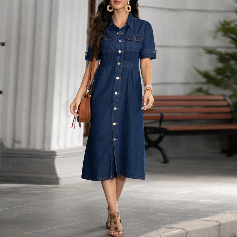 Women Denim Turndown Collar short-sleeved dress