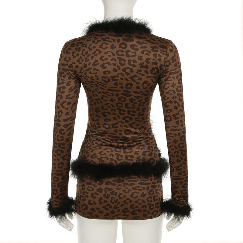 Fashionable Sexy Fur Patchwork Leopard Print Long-Sleeved Top Slim Mini Skirt Two-Piece Set 9