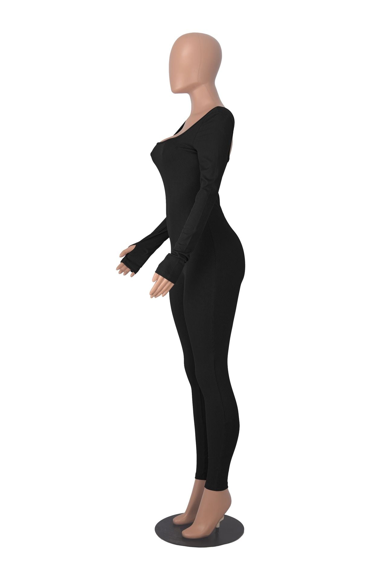 Women's Solid Color Long Sleeve Ribbed Square Neck Low Back Slim Fit Jumpsuit 29