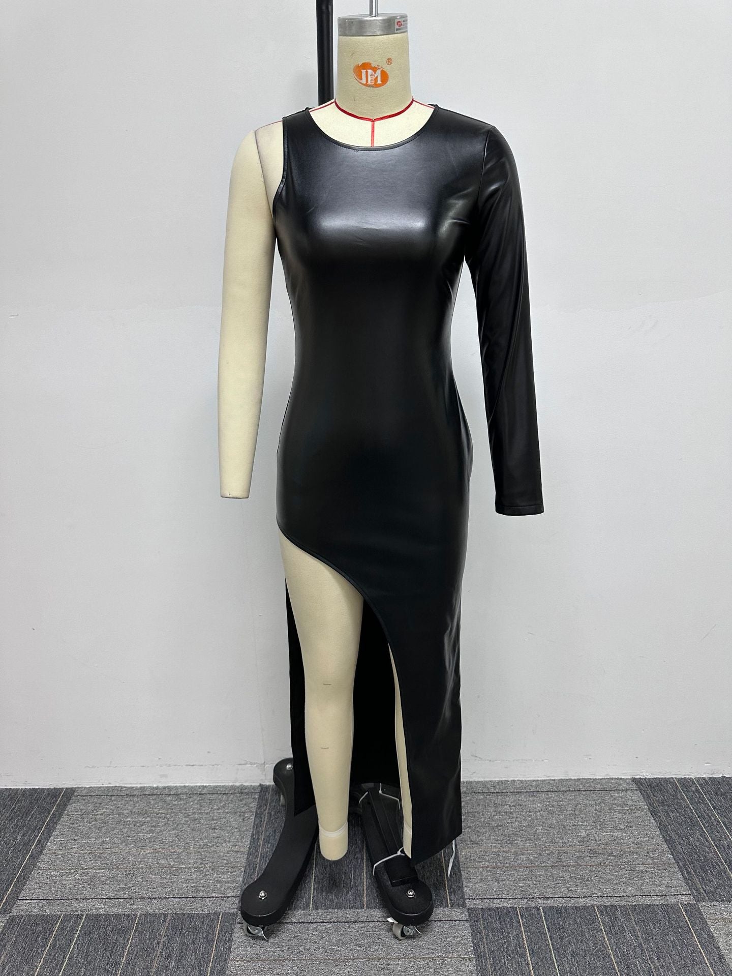 Sexy Slim Fit Tight Fitting Slit One Sleeve Leather Dress 9