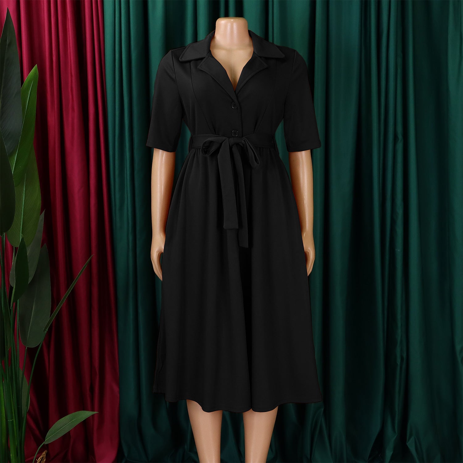 Plus Size Women Summer Short Sleeve Turndown Collar Lace-Up Solid African Dress 33