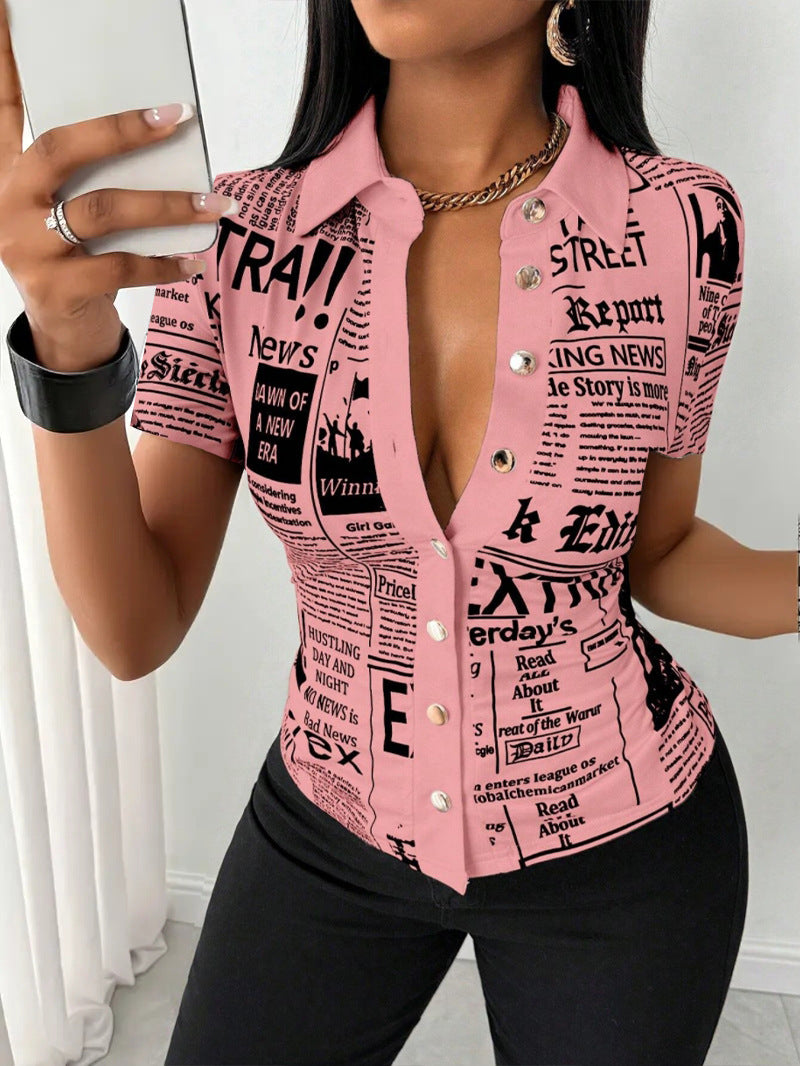 summer fashion newspaper print single-breasted v-neck women shirt 4