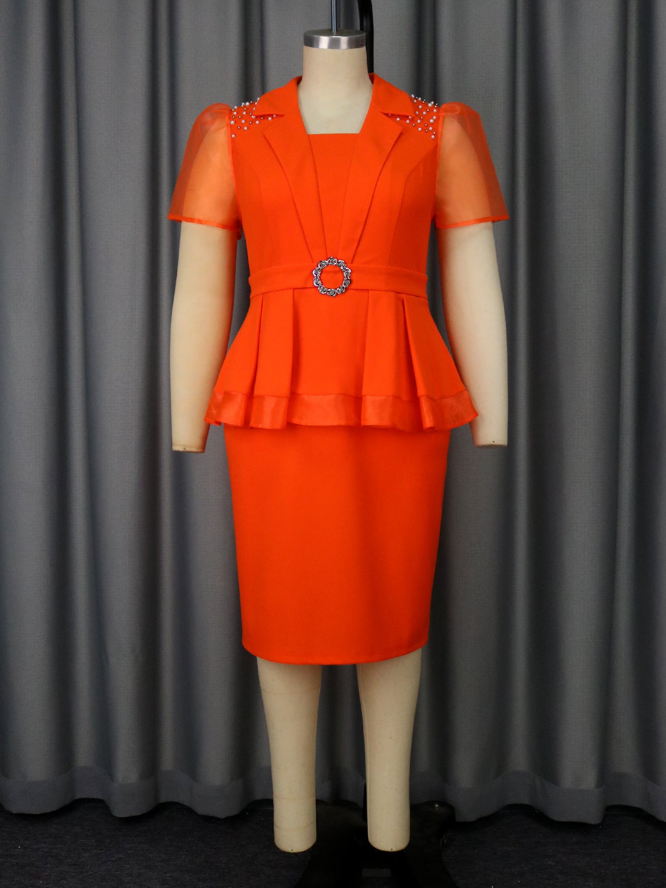 Plus Size Women Elegant Turndown Collar Ruffle See-Through Short Sleeve Dress 3