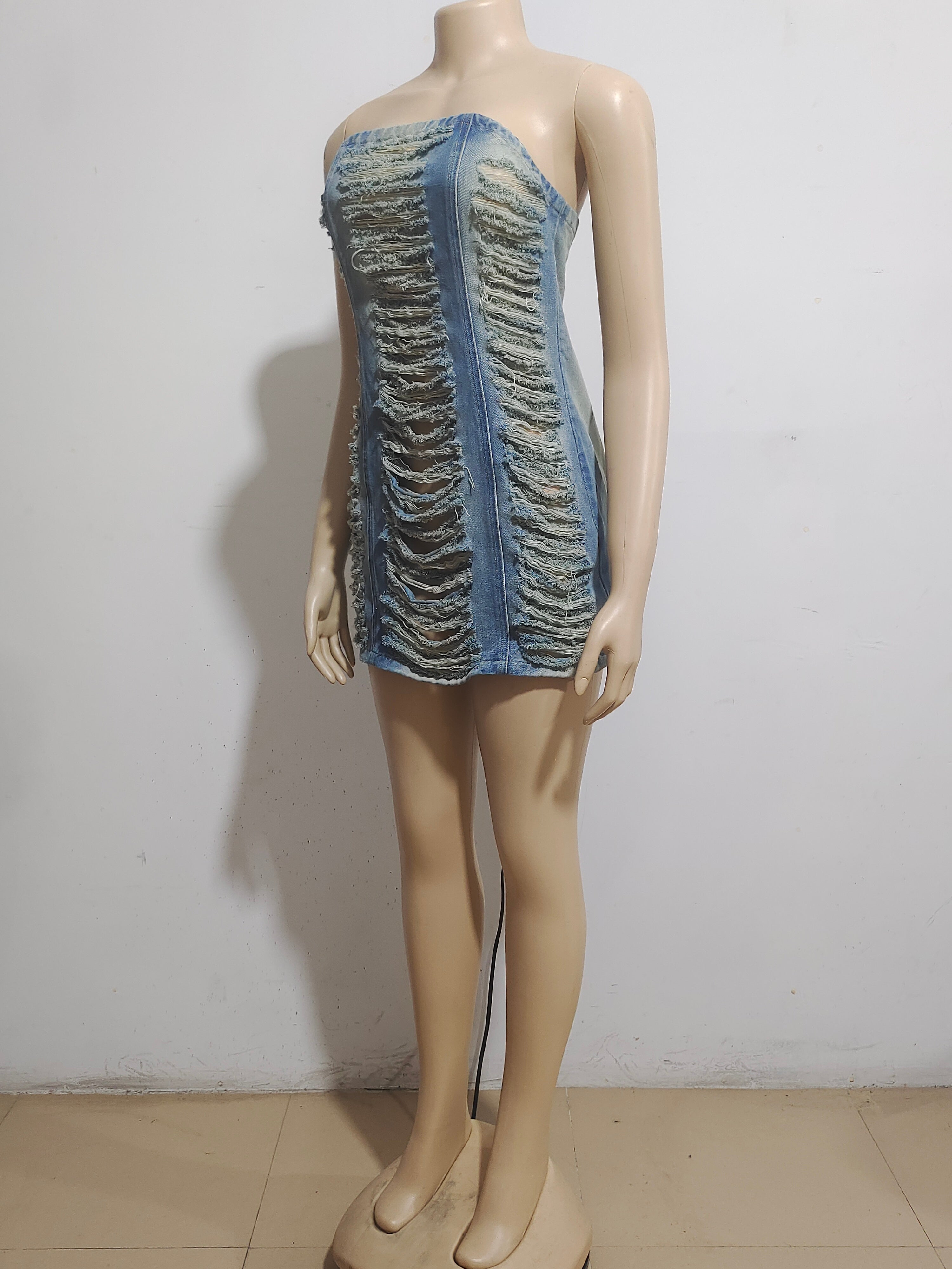 Women Sexy Washed Ripped Denim Dress 5