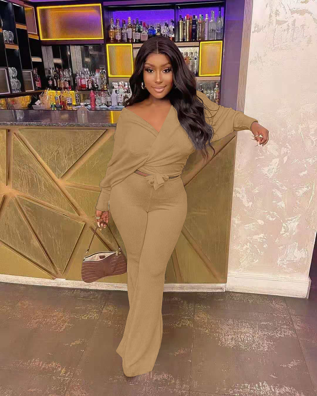 Fashionable Casual Solid Ribbed Loose-Cut Style Tie Bow Two Piece Set 11