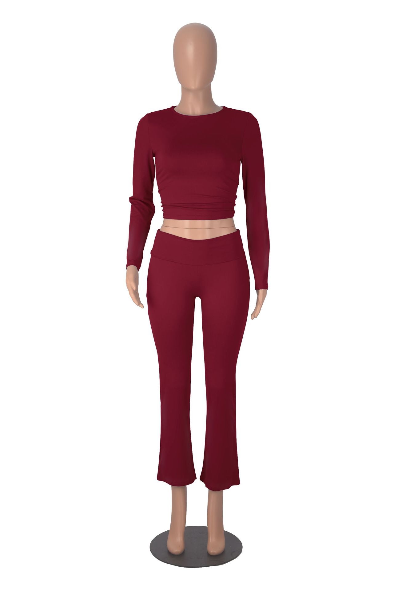 Women long sleeve round neck top and bell bottom pant two-piece set 24