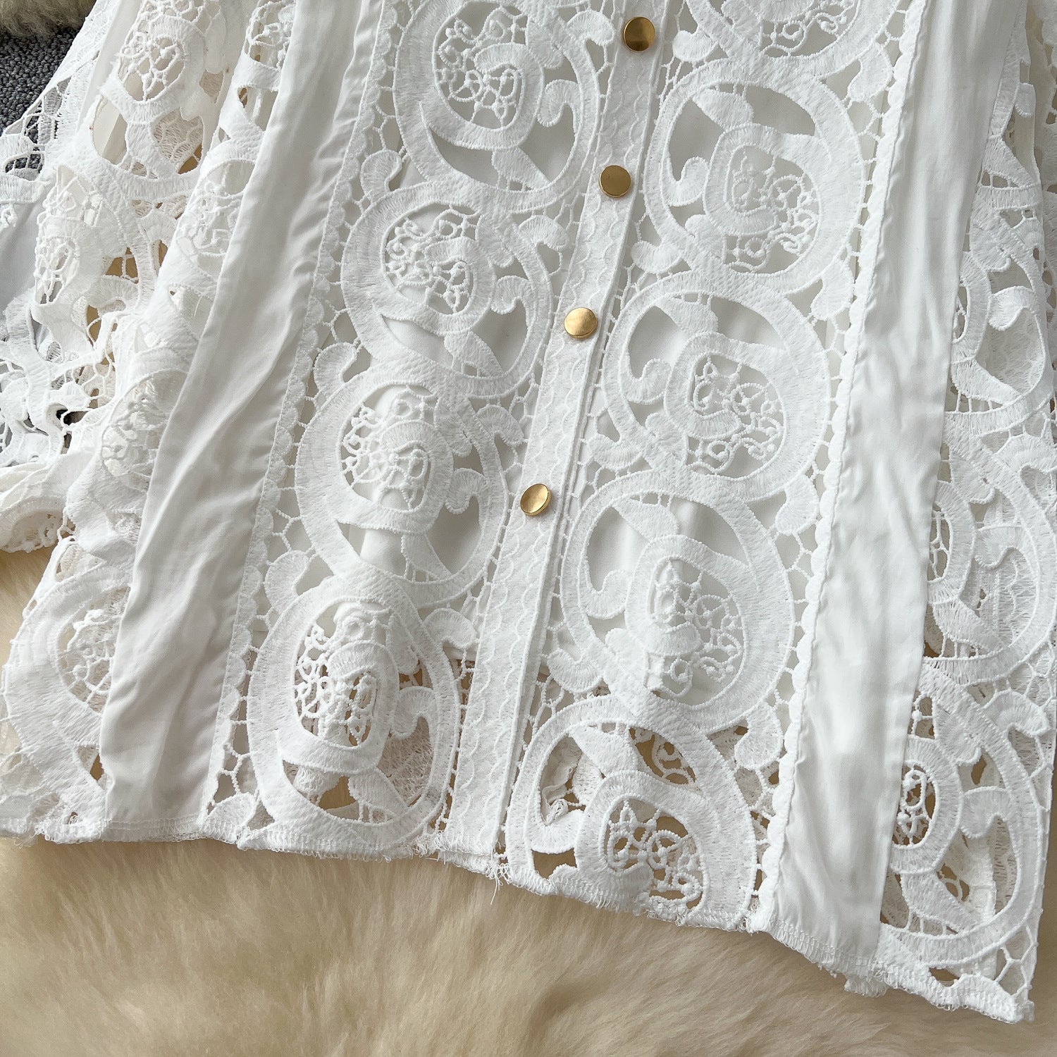 Autumn Lace Sheer Embroidered Blouse High Waist Midi Skirt Set 15