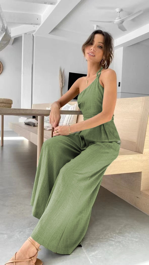Women's Spring/Summer Solid Color Loose Wide Leg Linen Jumpsuit 18