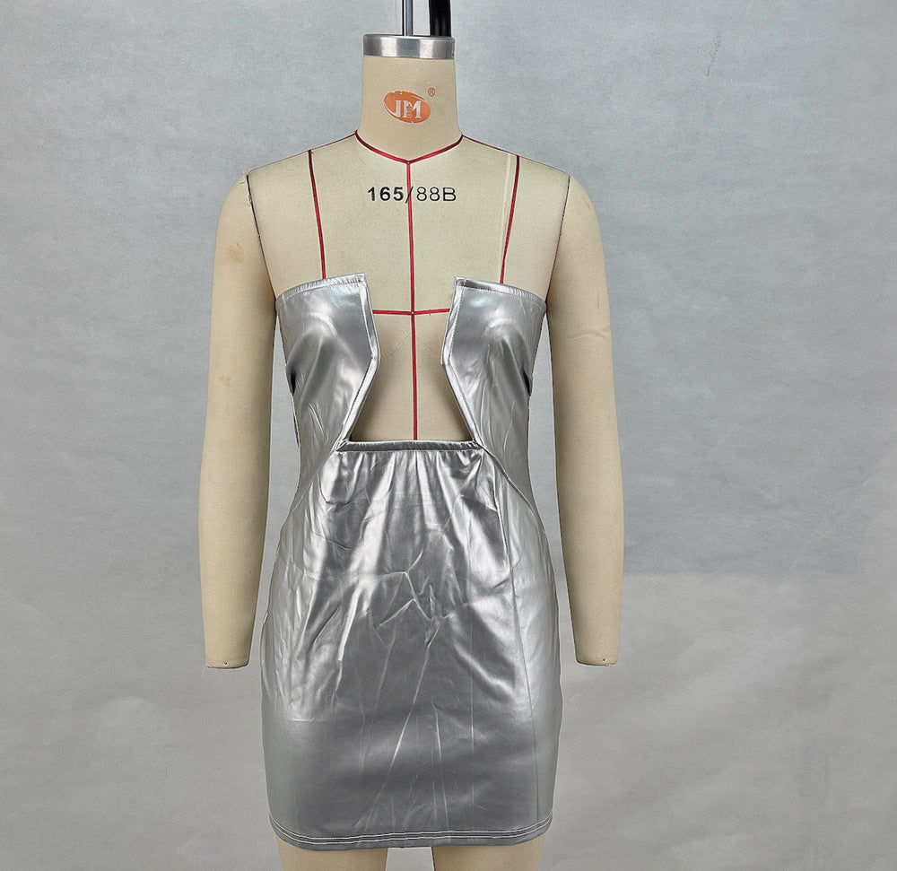 Women's Pu Leather Strapless Sexy Low Back Bodycon Dress 8