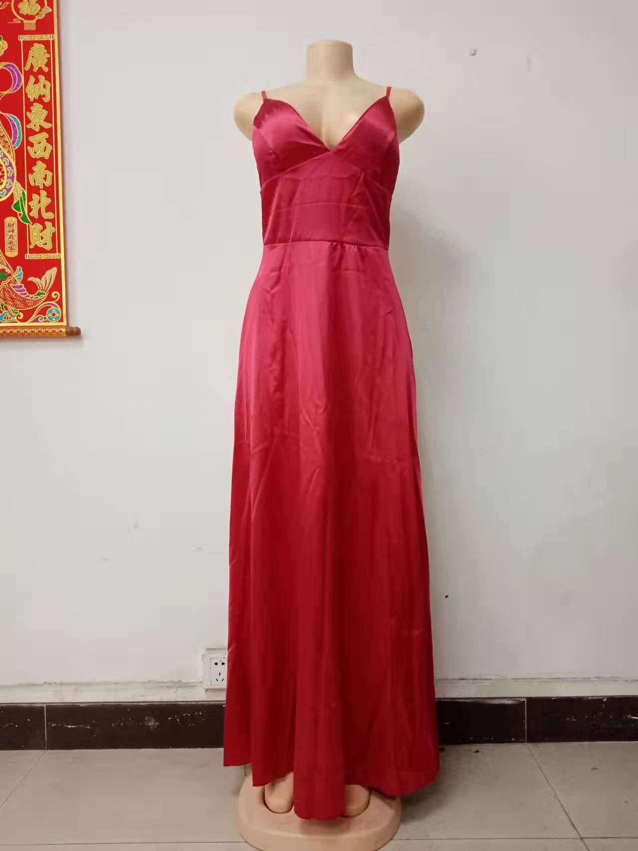 Summer Women's Sexy V Neck Dress Camisole Solid Color Sleeveless Fashion Evening Dress 16