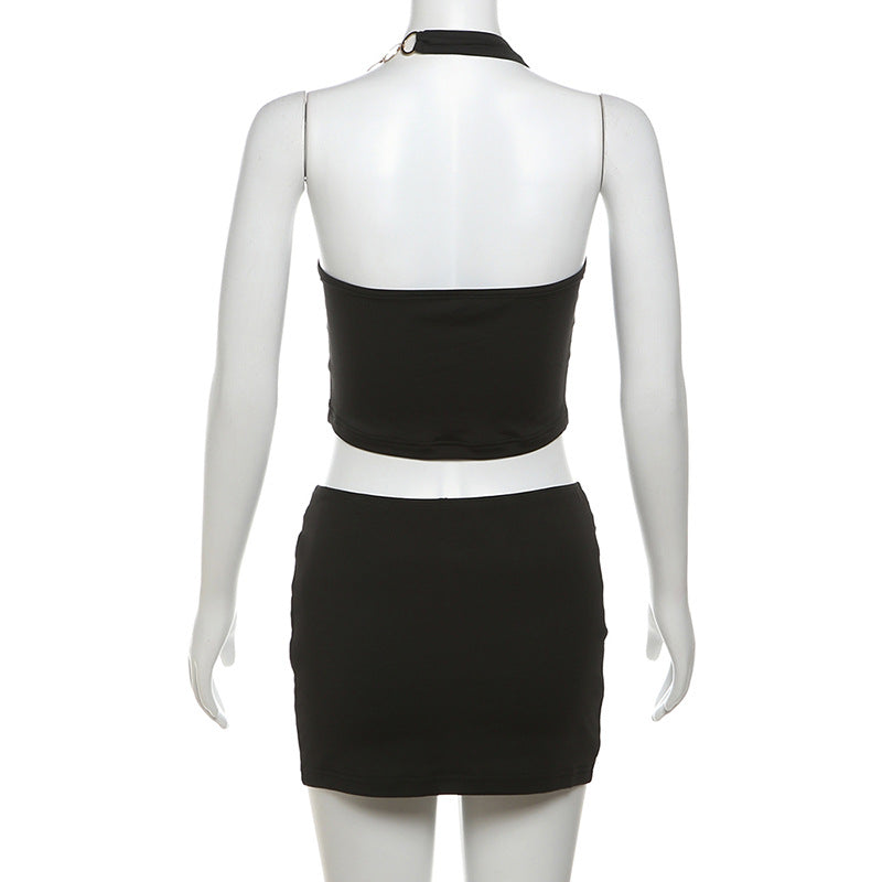 Summer sexy Low Back Halter Neck top high waist tight slim short skirt two piece set 8