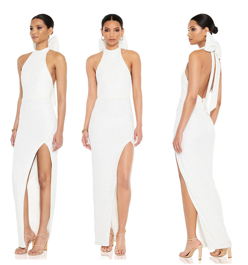 Women sequin split Halter Neck big bow Maxi Evening Dress