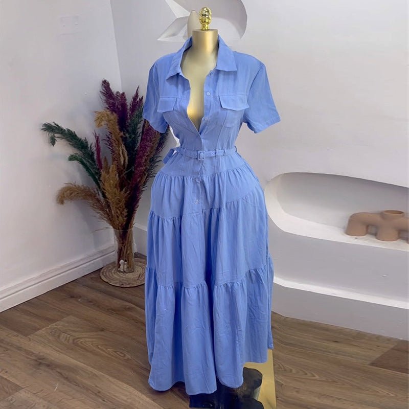Women summer Turndown Collar short-sleeved buttoned belt shirt dress