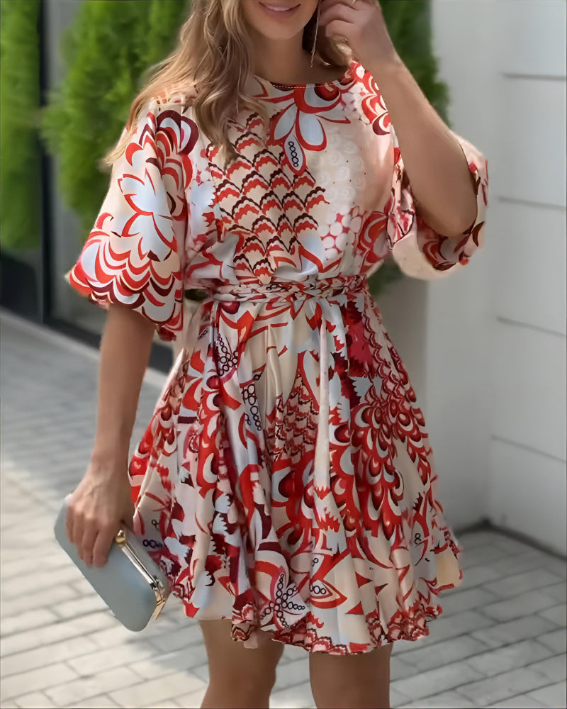 Women Red Abstract Geometric Pattern Puff Sleeve Lace-Up Bell Bottom Dress