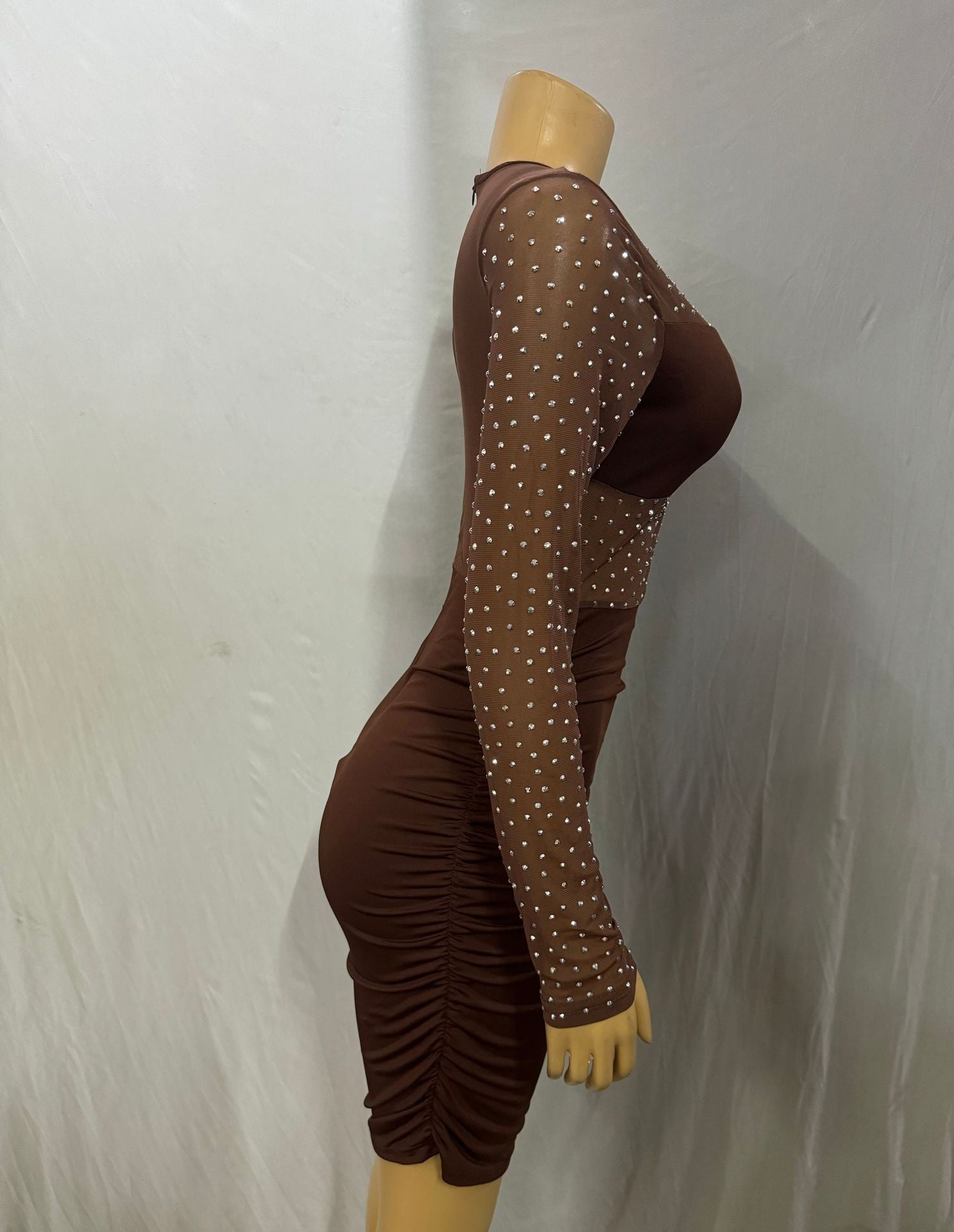 Women long sleeve round neck see-through beaded sexy bodycon dress 6