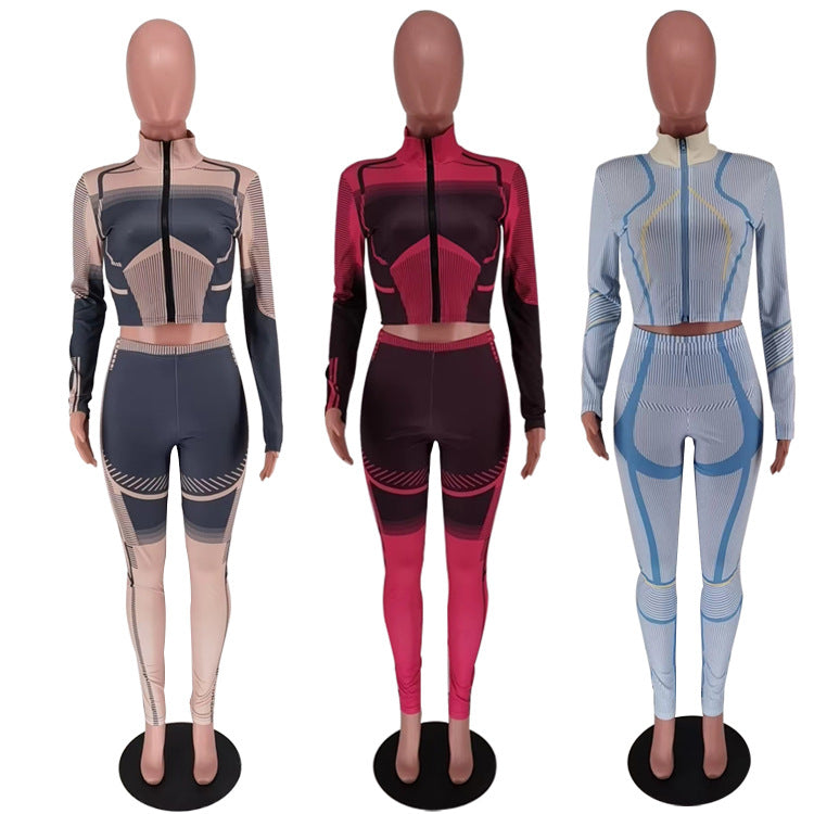 Women's Autumn And Winter Irregular Printed Long Sleeve Tight Fitting Sports Two Piece Pants Set
