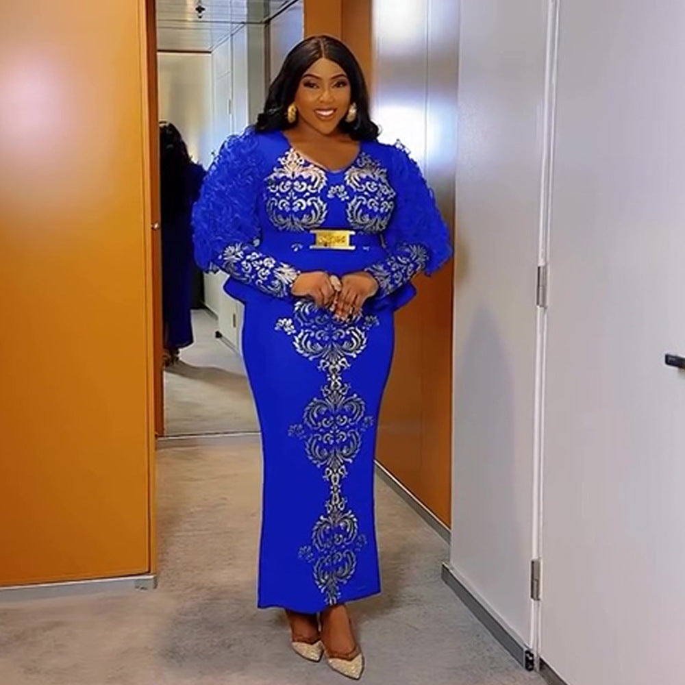 Plus Size African Women Beaded beaded v-neck dress 5