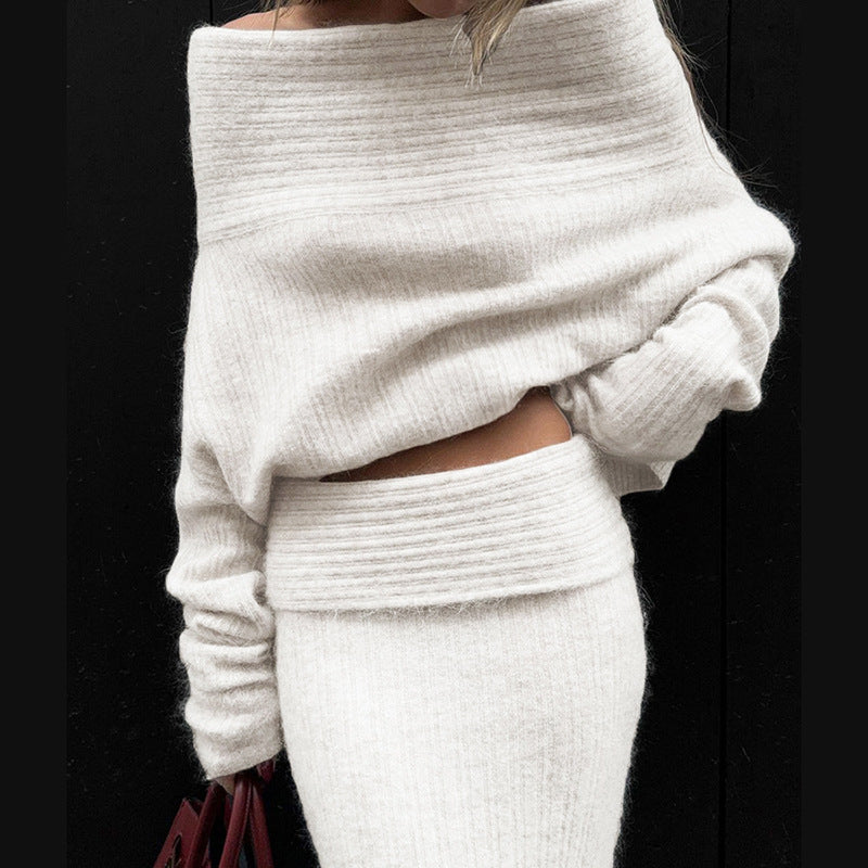 Women Off Shoulder Long Sleeve Loose Solid Knitting Sweater 11