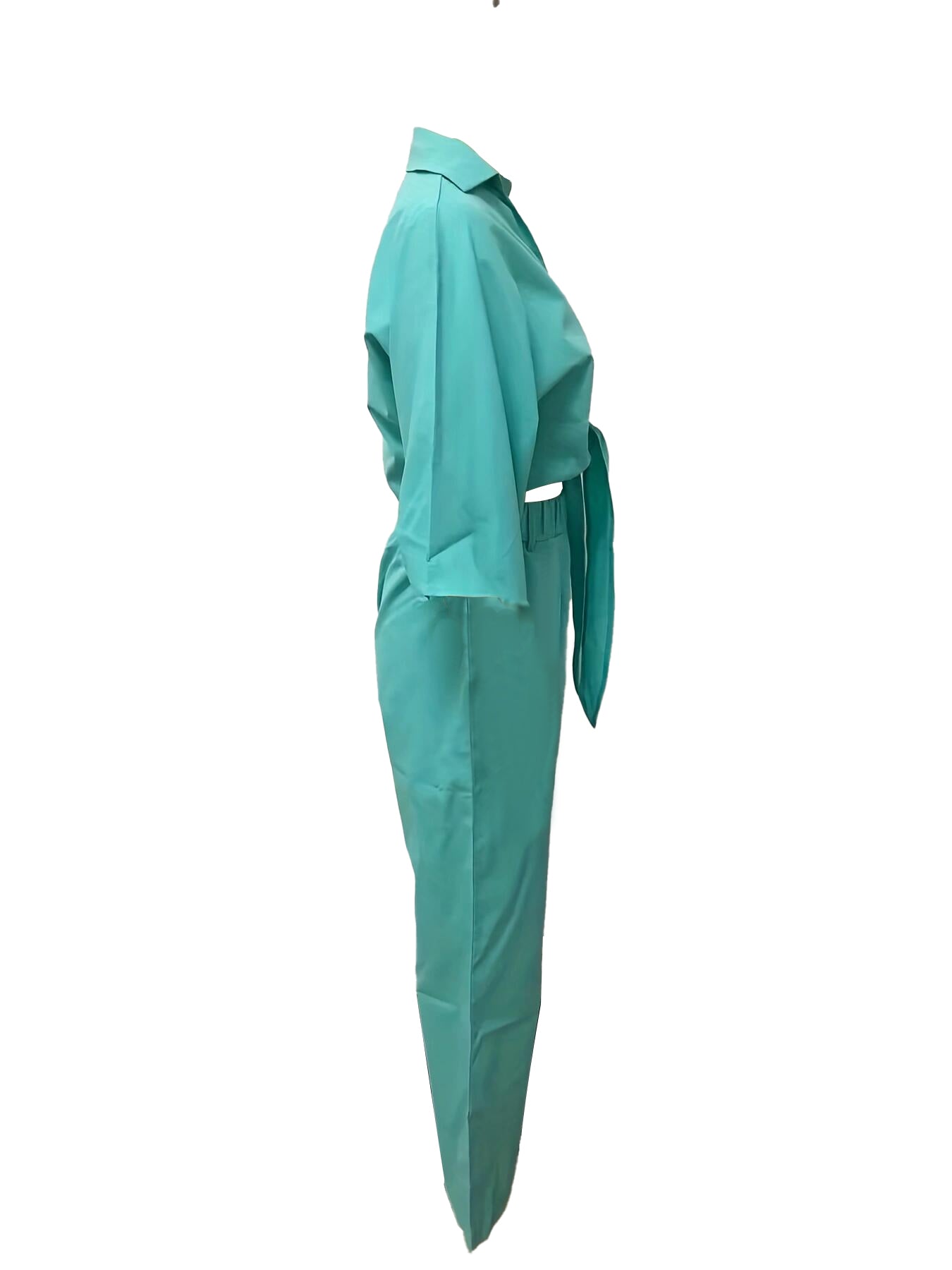 Women Solid Lace-Up Button Long Sleeve Loose-fit Top and Pant Casual Two-Piece Set 6