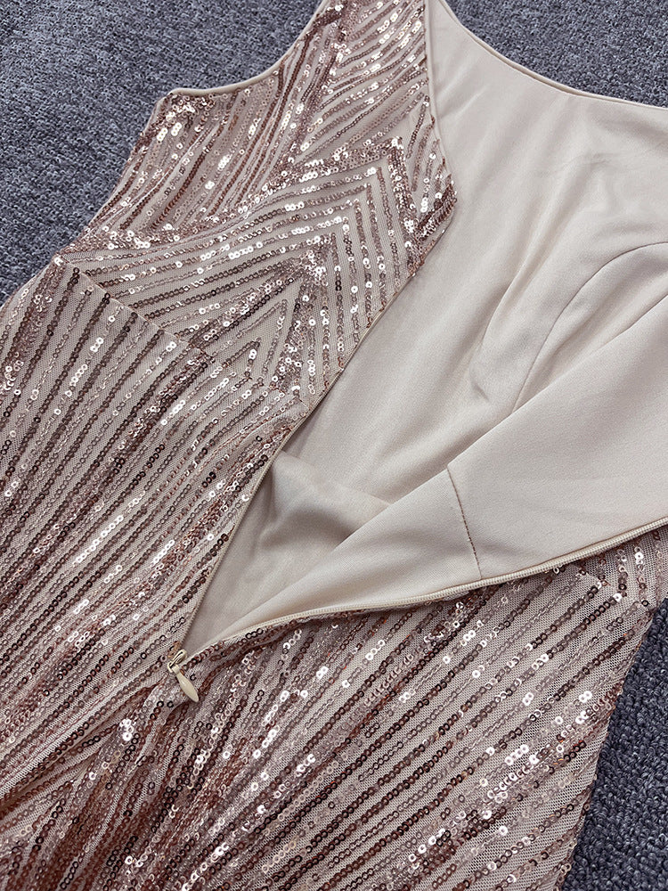 Women's Sleeveless Round Neck Luxury Rose Gold Party Dress Mermaid Glitter Long Plus Size Evening Gown 15