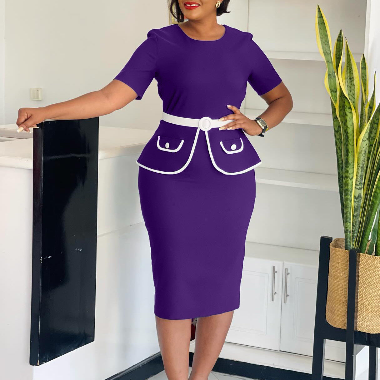 Women's Fashion Elegant Bodycon Short Sleeve OL Office African Plus Size Dress 3