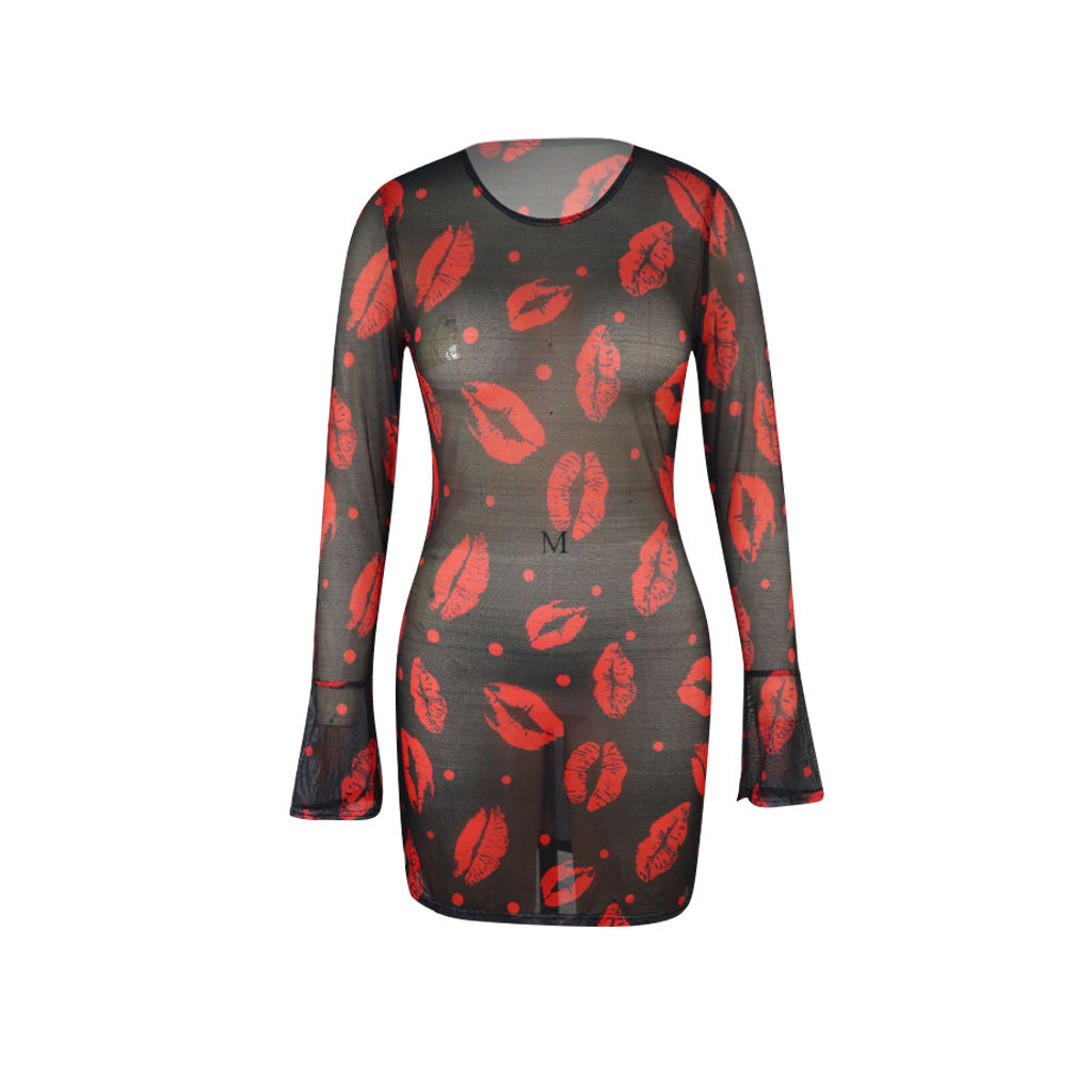 Women's Red Lip Print See-Through Mesh Club Dress 4