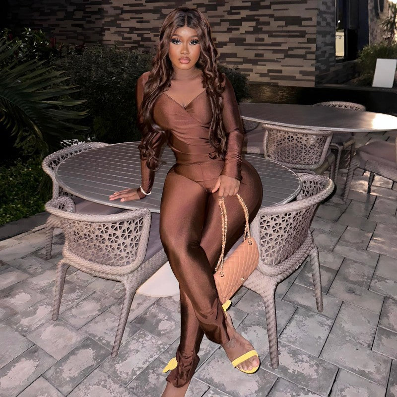 Women Autumn SolidV Neck Long Sleeve Sexy Jumpsuit 3