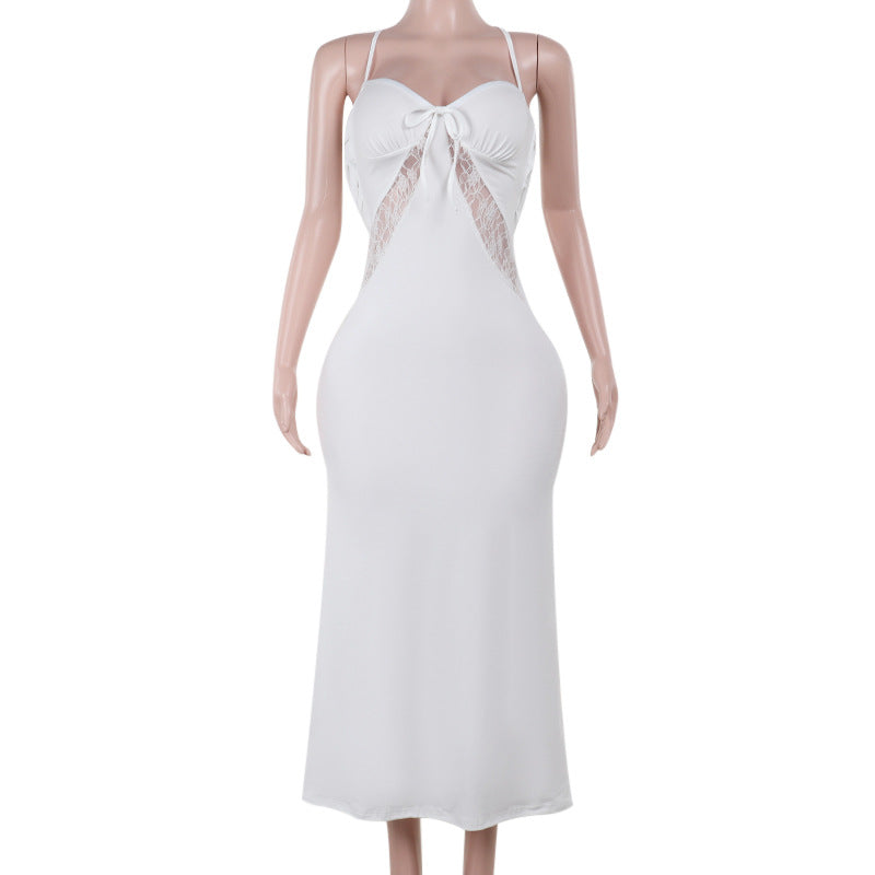 Women Lace Patchwork Lace-Up Strapless Dress 6