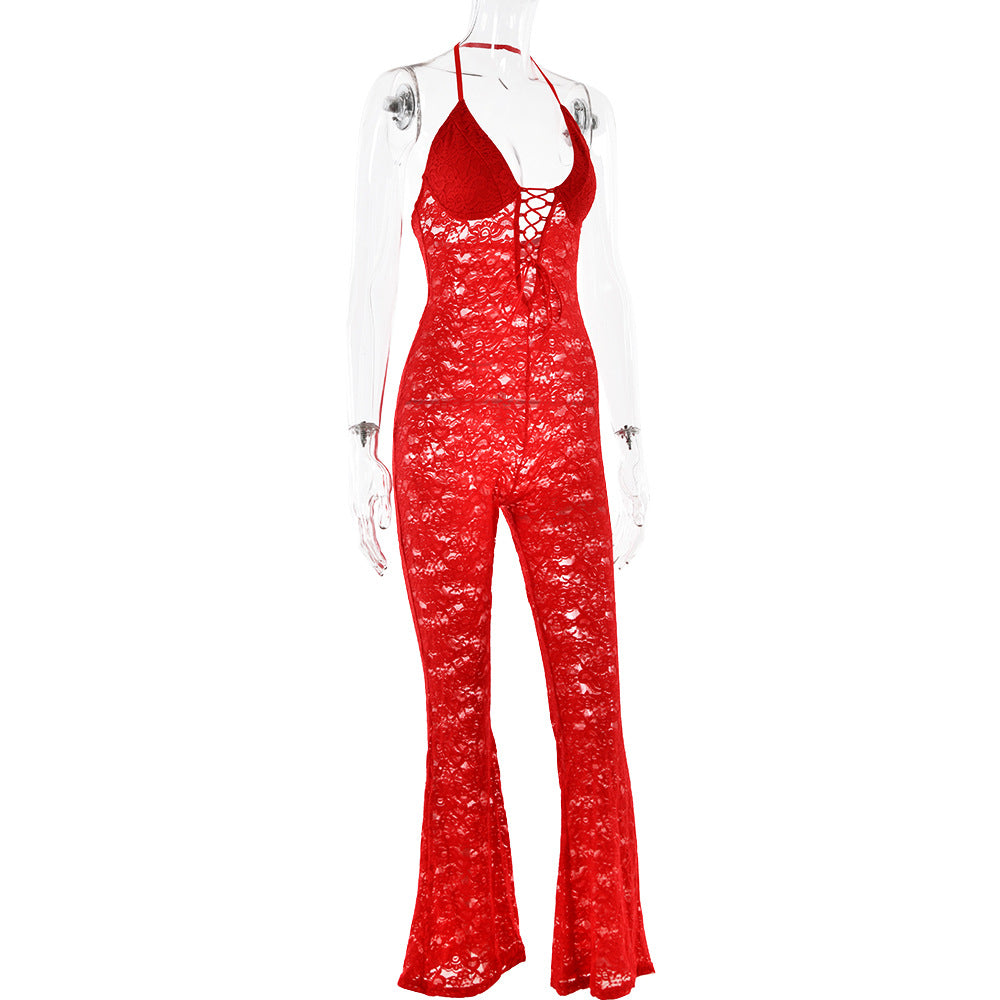 Spring Sexy Fashion See-Through Hollow Lace Low Back Halter Neck Slim Women's Summer Jumpsuit 11