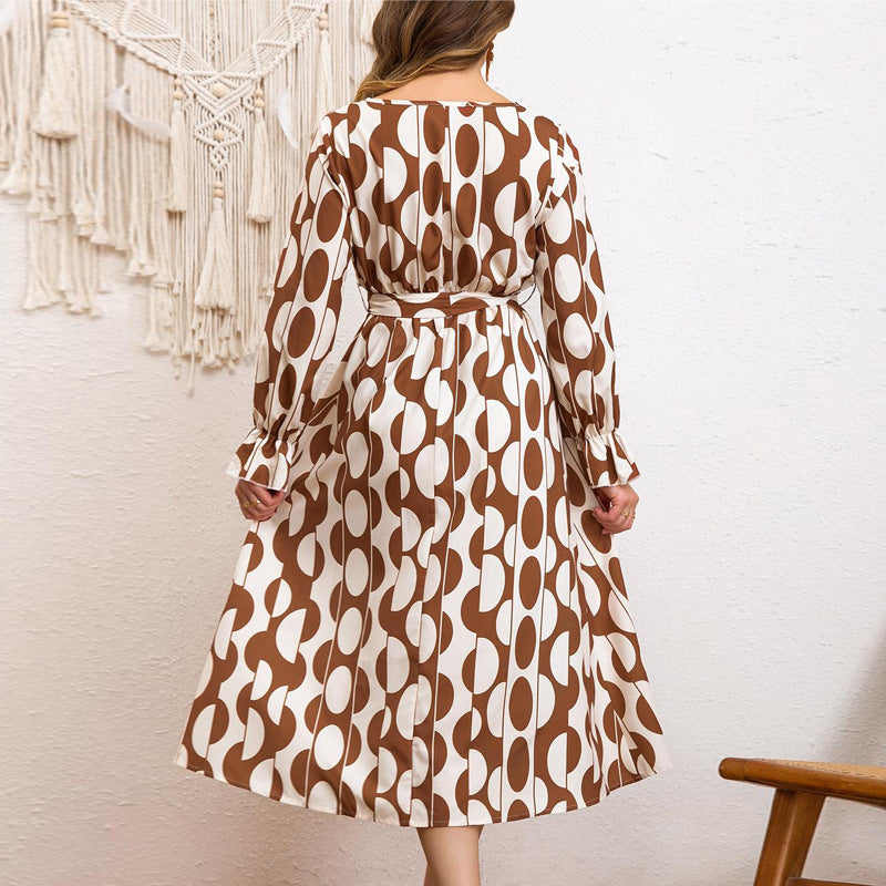 Women Holidays Geometric Print Lace-up Lotus Sleeve Long Sleeve Dress