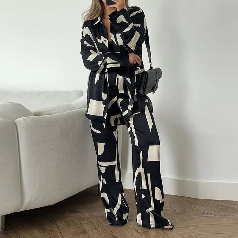 Women loose long-sleeved shirt and high-waist wide-leg pants two-piece set 6