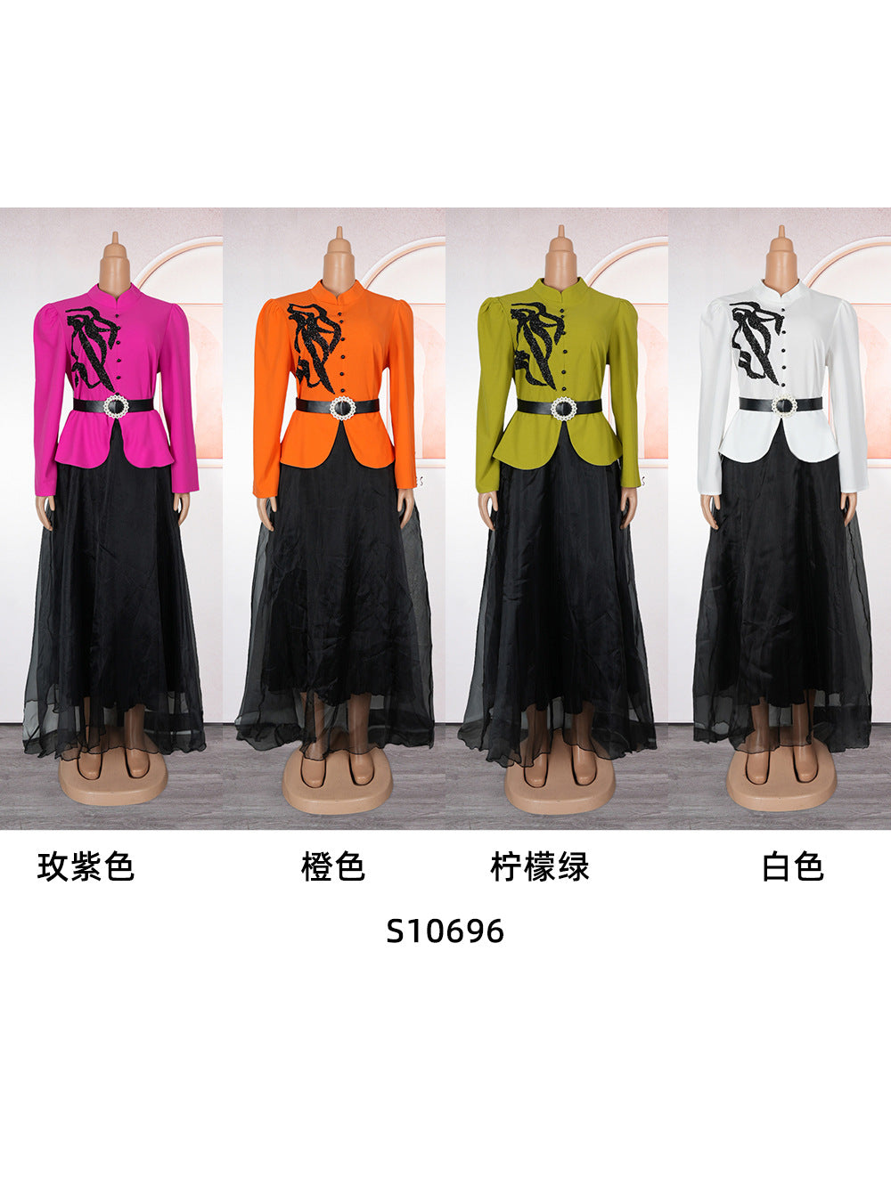 Women long-sleeved button fake two-piece Beaded dress 6