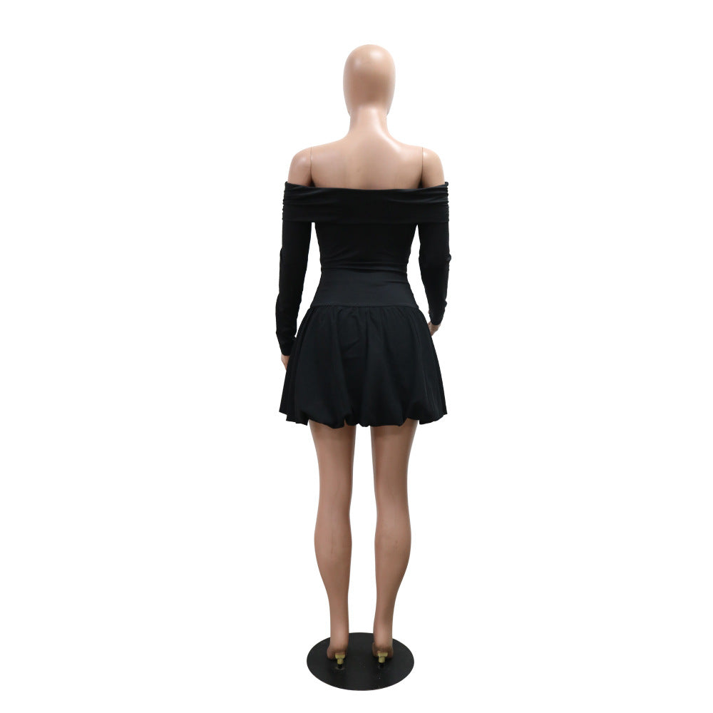 Fashion Off Shoulder Long Sleeve Solid Color Short Dress For Women 5