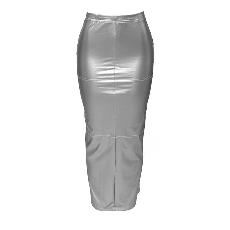 Women Autumn Solid Pu Leather Bodycon Slit Skirt 7