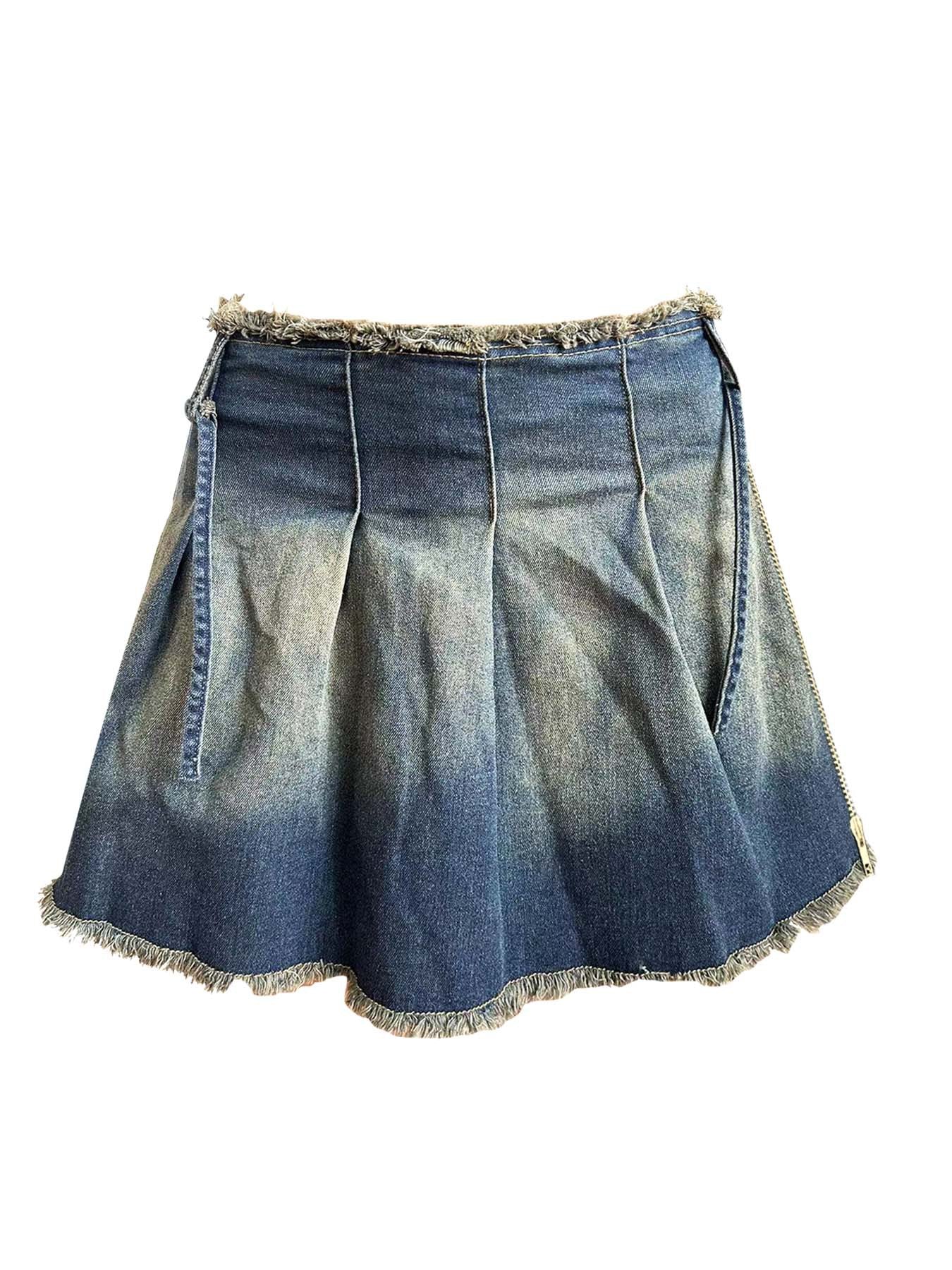 Women 's Embroidered Denim Top Pleated Skirt Two Piece Set 4